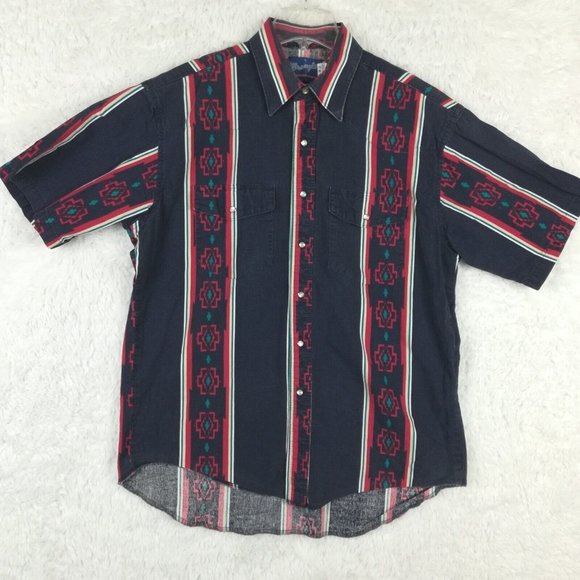 Wrangler Other - Wrangler Mens Shirt Button Down  Pearl Snaps Western Short Sleeve Aztec Blue L